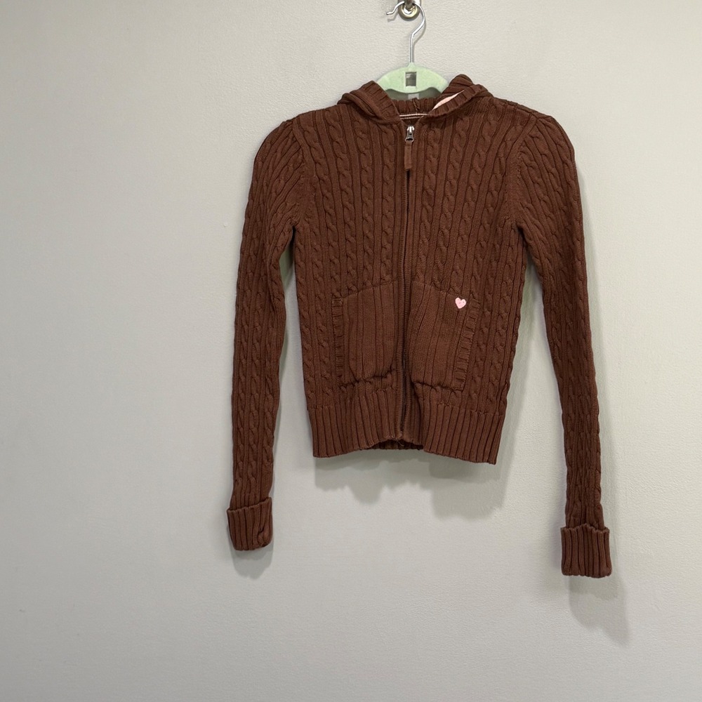 VTG Y2K Gap Girls 14-16 Brown Cable Knit Hoodie Sweater twilight Bella swan